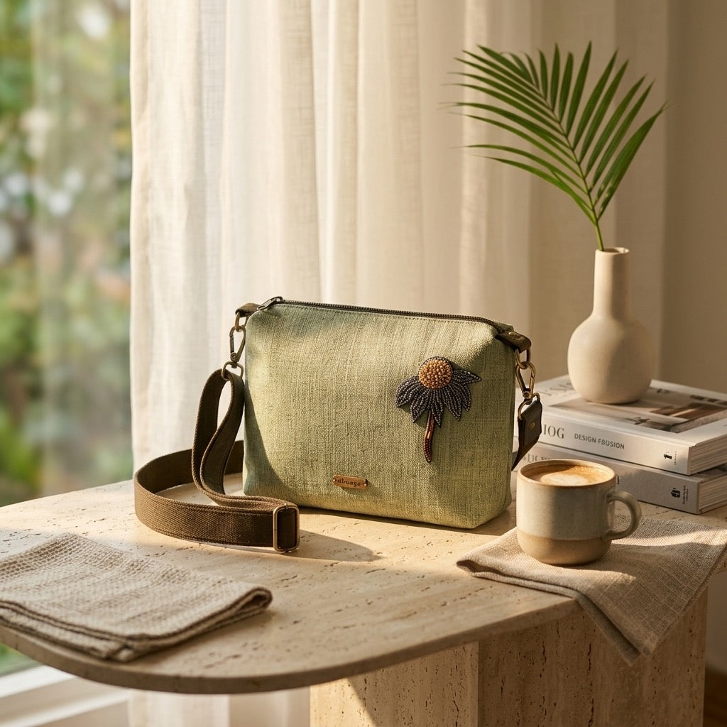 Botanical Beaded Linen Bag
