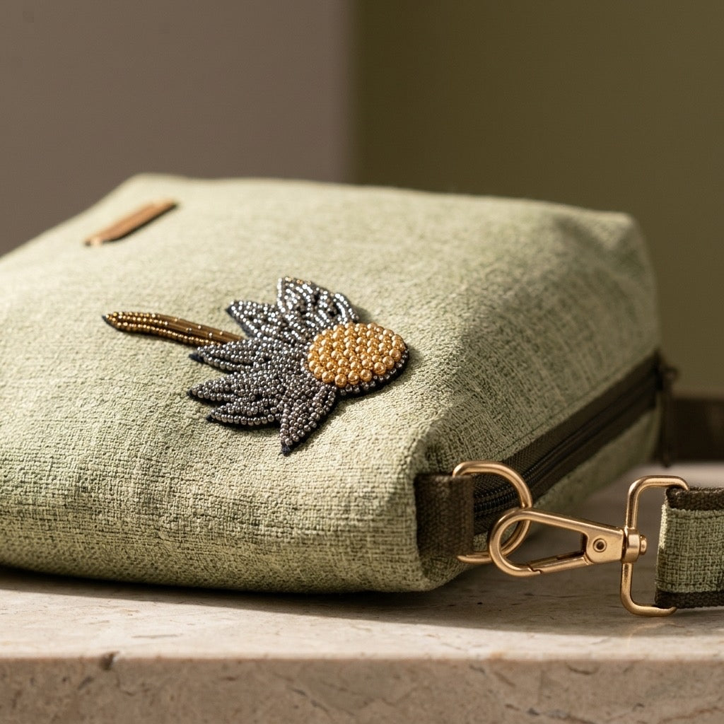 Botanical Beaded Linen Bag